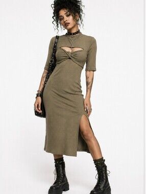 Olive Rib Midi Cutout Sweater Dress Alt, Casual, Grunge Streetwear